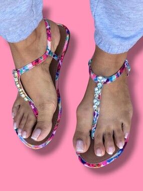Report Toucan Women's Colorful Gemstones Embellished Flat Sandals